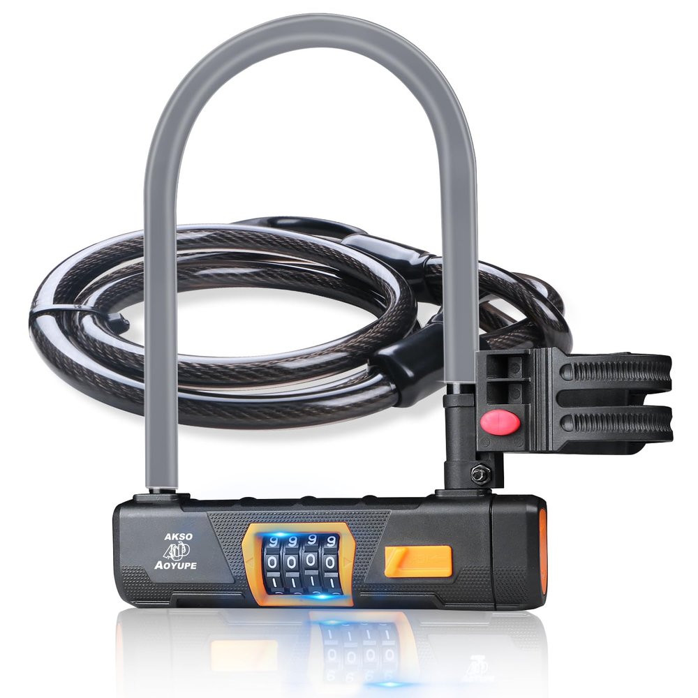 Akso Aoyupe Grey Silicone 4-Digit Resettable Combination Heavy Duty Anti-Theft Locks and 12mm x1.2m Cable,Keyless Lock for Outdoor,U-Lock with Sturdy Mounting Bracket,for Mountain Bikes,1 Set