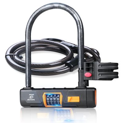 Akso Aoyupe Bright Black Silicone 4-Digit Resettable Combination Heavy Duty Anti-Theft Locks and 12mm x1.2m Cable,U-Lock with Sturdy Mounting Bracket,for Mountain Bikes,1 Set