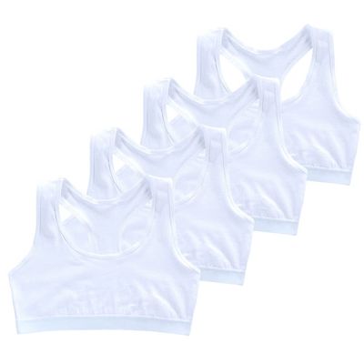 4 Pack Girls Unpadded Bra Seamless Breathable Cotton Bra Wireless Lightweight Sports Bras Girls Crop Tops for 9-14 Years White
