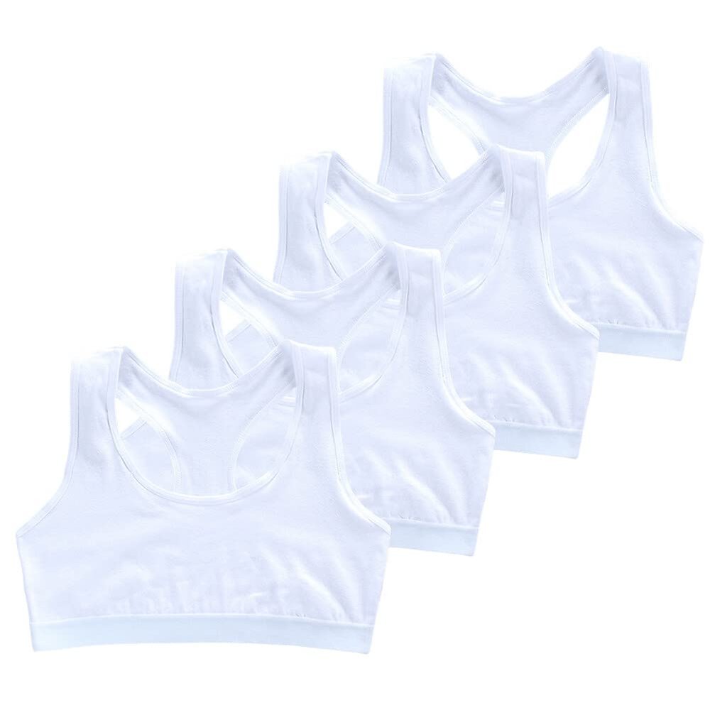 4 Pack Girls Unpadded Bra Seamless Breathable Cotton Bra Wireless Lightweight Sports Bras Girls Crop Tops for 9-14 Years White