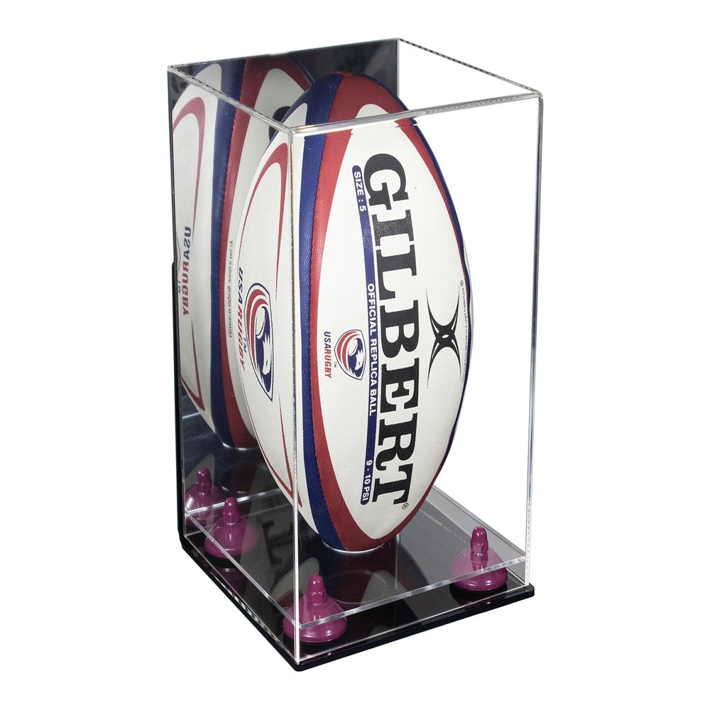 Better Display Cases Acrylic Rugby Ball Display Case Vertical with Mirror Case, Purple Risers, Wall Mount and Clear Base 8" x 8" x 12" (A060/B42)