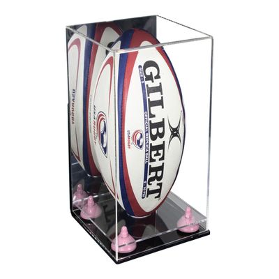 Better Display Cases Acrylic Rugby Ball Display Case Vertical with Mirror Case, Pink Risers, Wall Mount and Clear Base 8" x 8" x 12" (A060/B42)