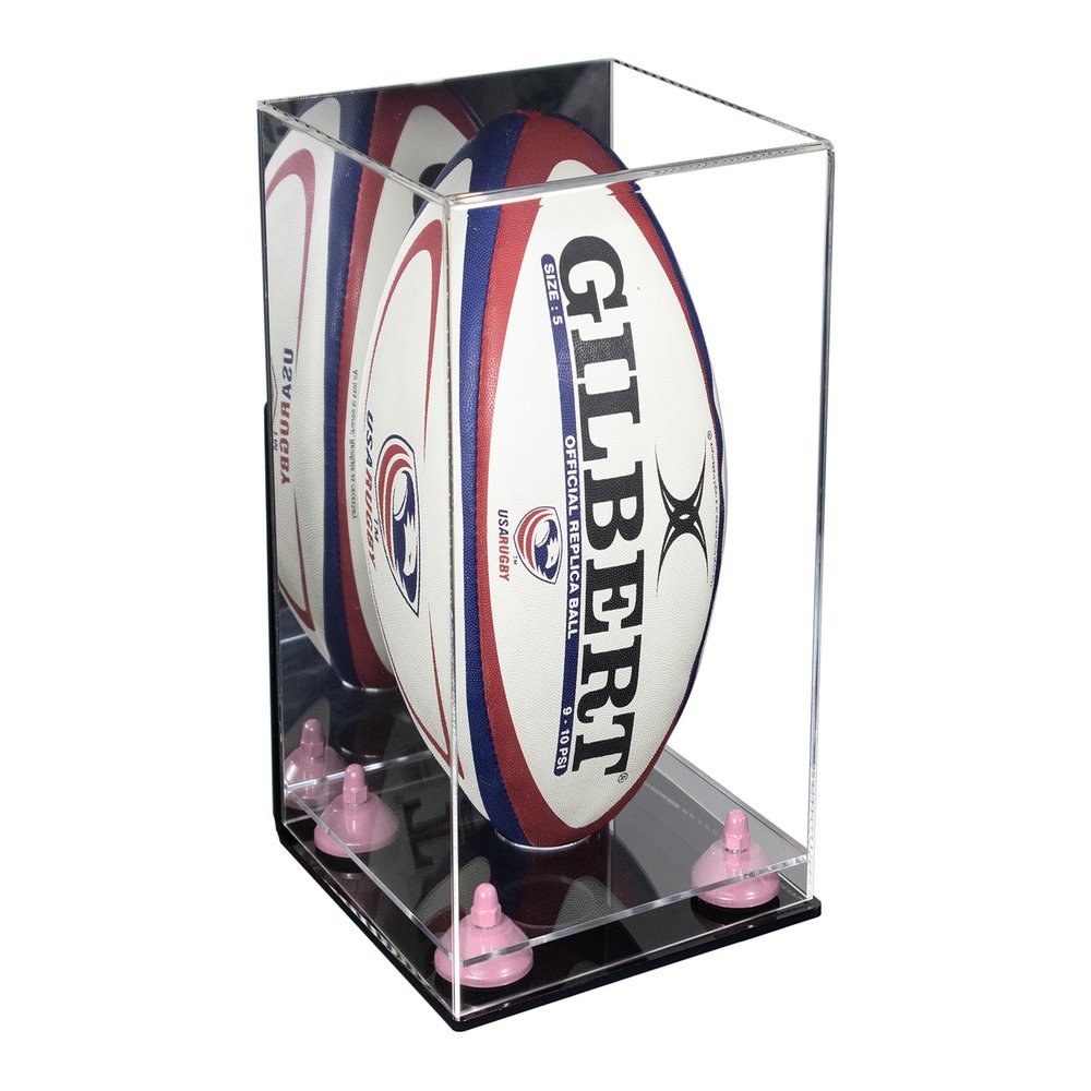 Better Display Cases Acrylic Rugby Ball Display Case Vertical with Mirror Case, Pink Risers, Wall Mount and Clear Base 8" x 8" x 12" (A060/B42)