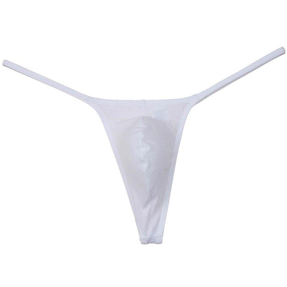 Botmois Men's Solid Stripe Mini Bikini G-string Thong Underwear Minimum Coverage Underpants Tiny Pouch Tangas Sexy T-back White M