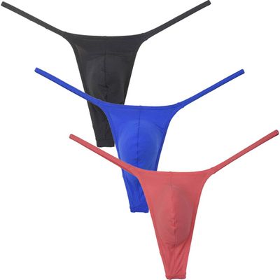 Botmois Men's Solid Stripe Mini Bikini G-string Thong Underwear Minimum Coverage Underpants Tiny Pouch Tangas Sexy T-back 3-Pack(Black,Blue,Watermelon Red) L