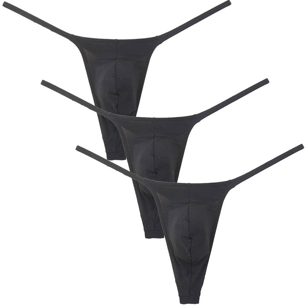 Botmois Men's Solid Stripe Mini Bikini G-string Thong Underwear Minimum Coverage Underpants Tiny Pouch Tangas Sexy T-back 3-Pack(Black) M