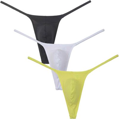 Botmois Men's Solid Stripe Mini Bikini G-string Thong Underwear Minimum Coverage Underpants Tiny Pouch Tangas Sexy T-back 3-Pack(Black,White,Light Yellow) L