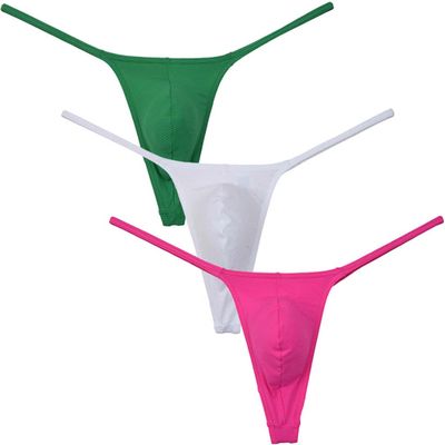 Botmois Men's Solid Stripe Mini Bikini G-string Thong Underwear Minimum Coverage Underpants Tiny Pouch Tangas Sexy T-back 3-Pack(Green,White,Pink) M