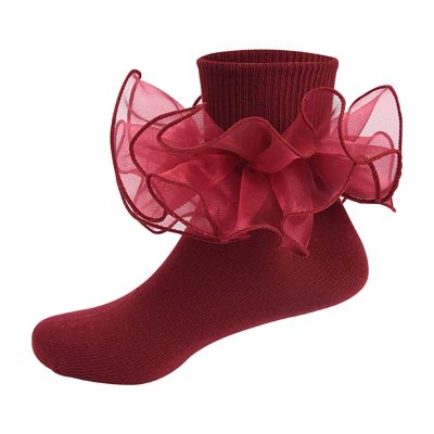 SAYOO Toddler Girls Ruffle Socks Double Lace Frilly Princess Dress Socks Cotton Anti-slip Ankle Socks for Kids Years 1-10T (Burgundy, 4-6 Years)