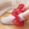 SAYOO Toddler Girls Ruffle Socks Double Lace Frilly Princess Dress Socks Cotton Anti-slip Ankle Socks for Kids Years 1-10T (Burgundy, 4-6 Years) view 4