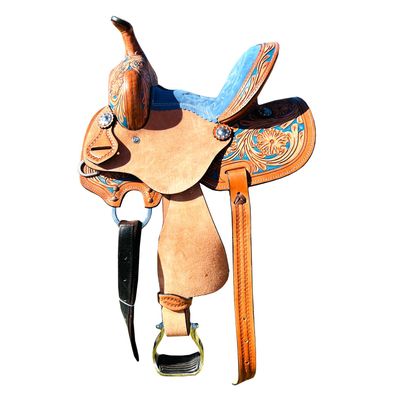 Blue Color Western Horse Saddle, Western Kids Youth Adult Horse Barrel Saddle for Horse Riding, Floral Tooled Saddle with Silver Conchos (8" Seat)