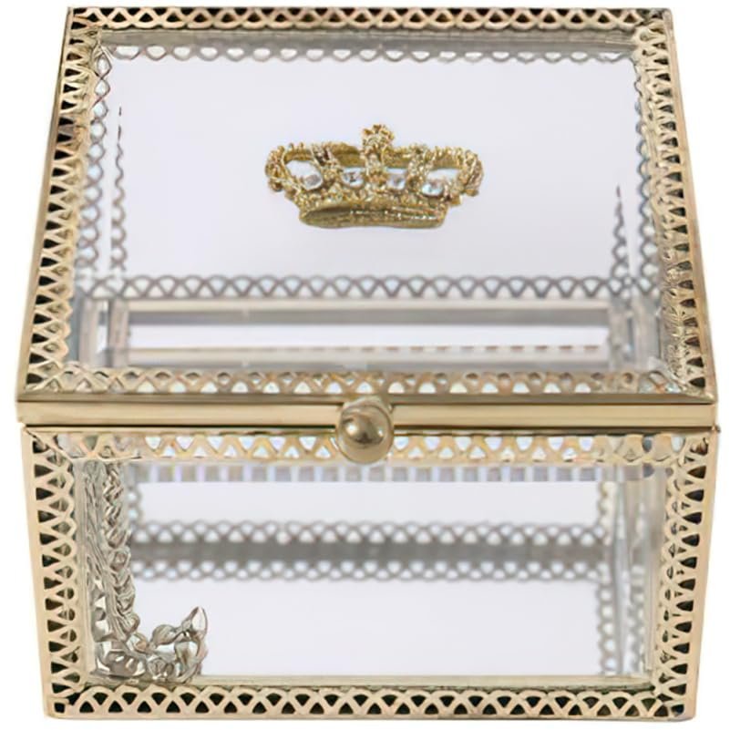 Amosfun Square Glass Jewelry Box Small Trinket Storage Container Display Keepsake Box for Rings Earrings Necklaces 3.54X3.54X2.36In