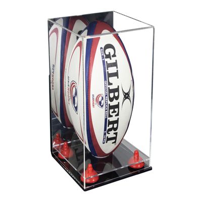 Better Display Cases Acrylic Rugby Ball Display Case Vertical with Mirror Case, Red Risers, Wall Mount and Clear Base 8" x 8" x 12" (A060/B42)
