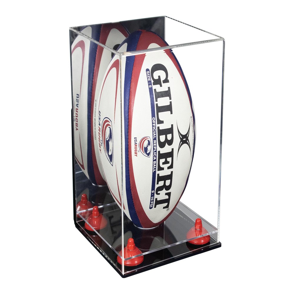 Better Display Cases Acrylic Rugby Ball Display Case Vertical with Mirror Case, Red Risers, Wall Mount and Clear Base 8" x 8" x 12" (A060/B42)