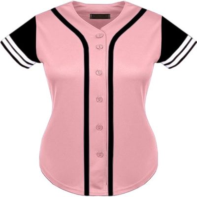DIGITMON Women's Baseball Softball Jersey Button Down Premium Two-Stripe Sleeve Shirts Uniform PINKBLACK2, Medium
