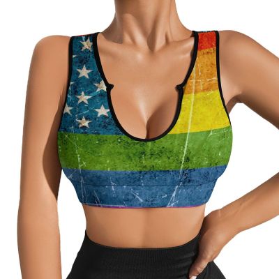 Women Vintage Rainbow American Flag Comfortable Sports Bras Padded Yoga Crop Tank Tops Fitness Workout Running Top