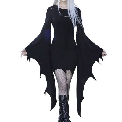 Adult Halloween Costume Women Witch Costume for Women Carnival Party Vintage Masquerade Bat Sleeve Plus Size Goth Dress Black