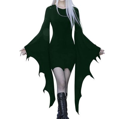 Adult Halloween Costume Women Witch Costume for Women Carnival Party Vintage Masquerade Bat Sleeve Plus Size Goth Dress Army Green
