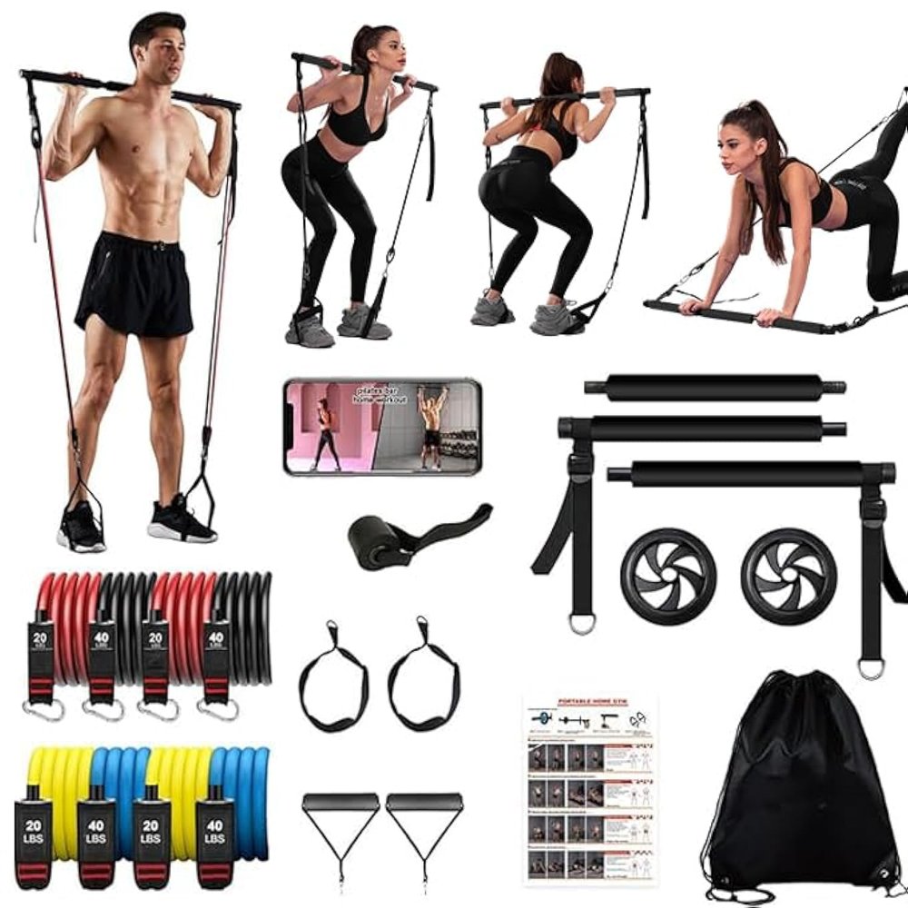 Pilates bar kit Multiple Fitness bar with Resistance Bands, Ab Rollers.Core Strength Training Equipment. Squat Machine for Men and Women.Portable Home Gym Pilates bar kit for Full Body Training Women