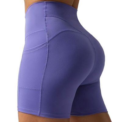 Aoxjox Biker Workout Shorts for Women with Pocket Legend Tummy Control High Waisted Athletic Gym Running Yoga Short 5" (Violet, X-Large)