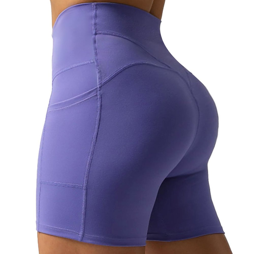 Aoxjox Biker Workout Shorts for Women with Pocket Legend Tummy Control High Waisted Athletic Gym Running Yoga Short 5" (Violet, X-Large)