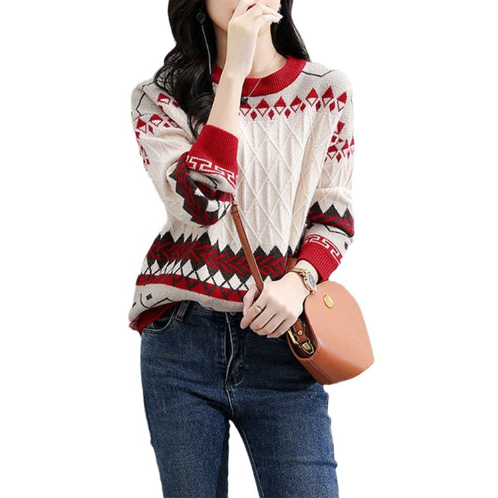 Xingfenly Sleeve Loose Autumn Women Pullover Sweater Yellow Knit Female Pull Striped and Sweaters s3 Red M