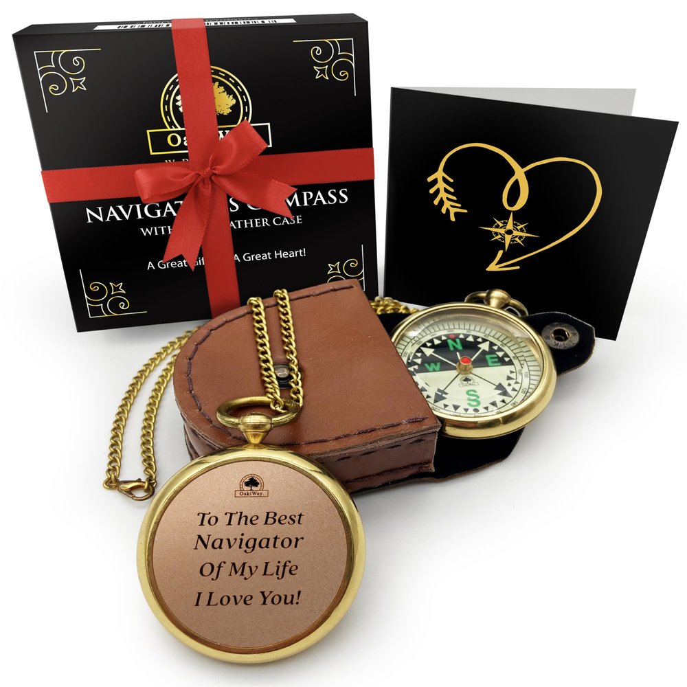 Navigator's Watch Compass - Mens, Husband, Dad, Boyfriends Gifts Ideas- Magnetic Hiking Compass in Leather Case - Christmas or Birthday Gifts for Him, Her, Wife, from Daughter or Son