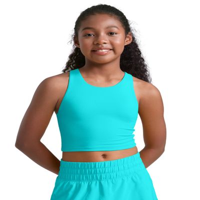 CRZ YOGA Girls Butterluxe Double Lined Racerback Crop Tank Tops - High Neck Dance Yoga Athletic Casual Tight Kids Teen Spectral Blue Large
