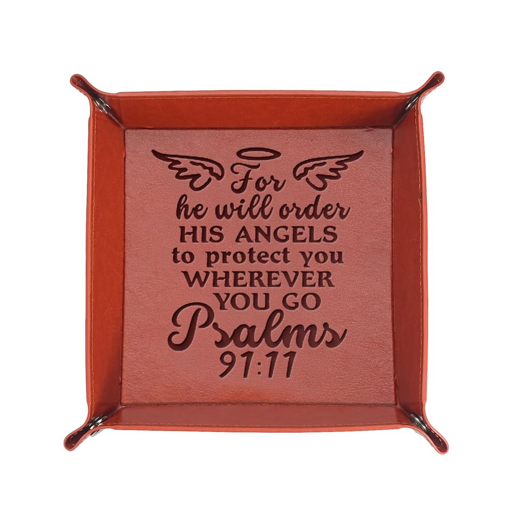 Christian Gifts Leather Tray Engraved Personalized Leather Valet Tray Bible Verse Faith Religious Birthday Christmas Gifts Inspirational Gifts Storage Tray Bedside Tray Jewelry Organizer (Tray-91:11)