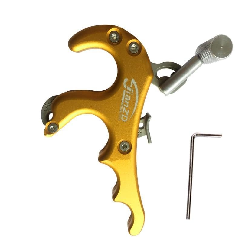 JIANZD Compound Bow Release Aid, Aluminum Alloy 4 Finger Trigger Synapse Hammer Throw Release Assistant Trigger Hunting Thumb Caliper Trigger (Yellow)