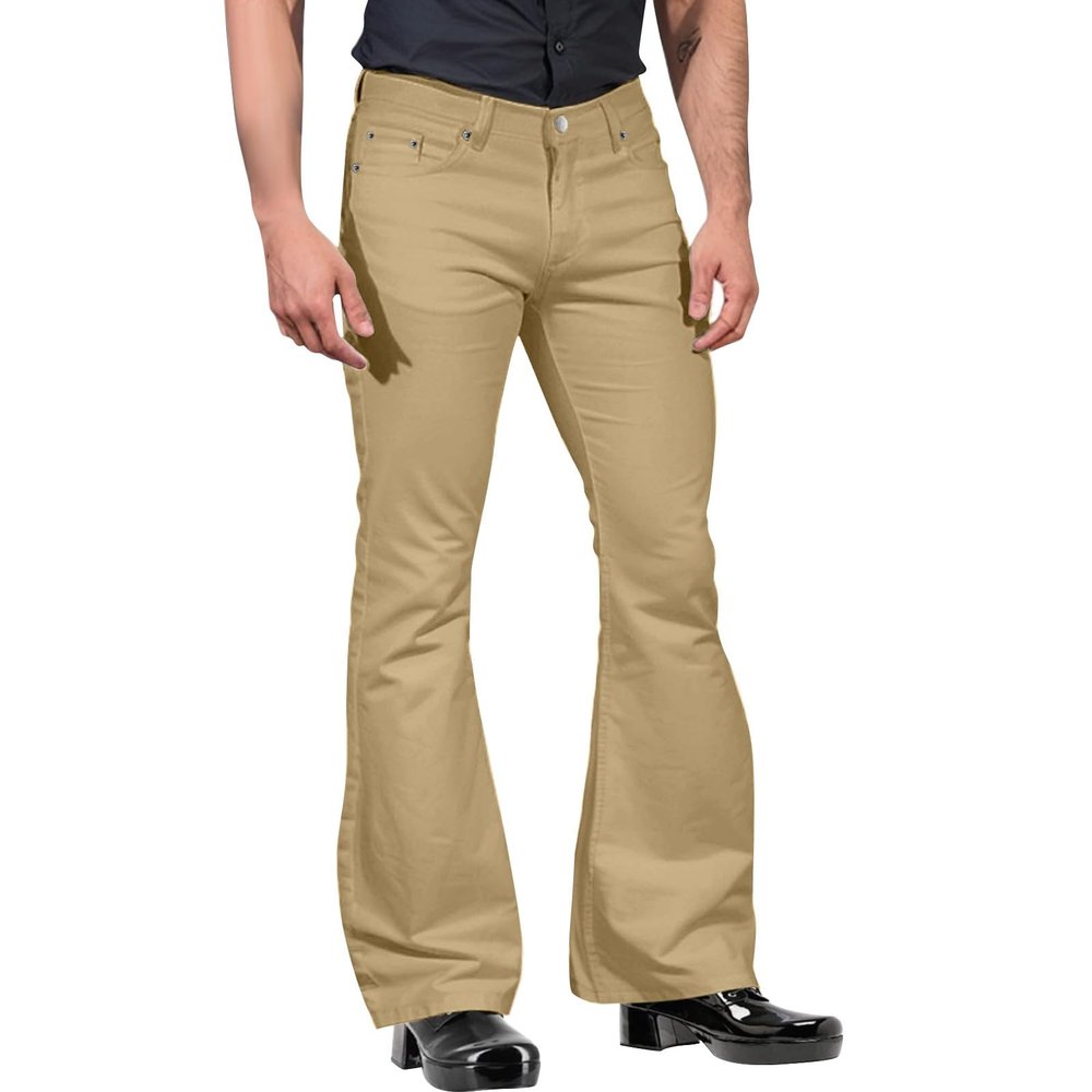 ZYXTIM Vintage Bell Bottom Desco Pants for Men 60s 70s Outfits Skinny Slim Stretch Bell Bottoms Flared Pants for Club Party Khaki