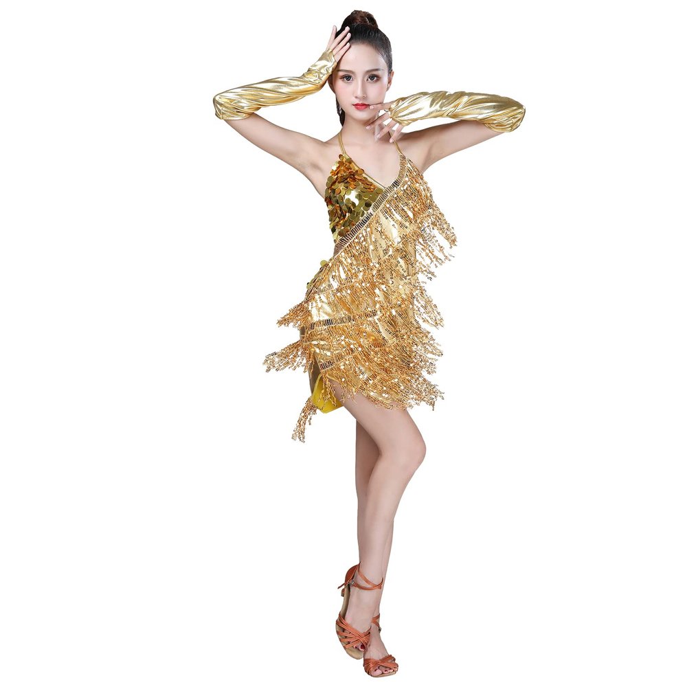 Women's Latin Dance Dress Adult Ballroom Costumes Sparkling Sequin Tassels Fringe Sleeveless Halter V-Neck Mini 1920s Flapper Dress Gloves Set Salsa Tango Samba Rumba Dancewear Party Golden One Size