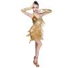 Women's Latin Dance Dress Adult Ballroom Costumes Sparkling Sequin Tassels Fringe Sleeveless Halter V-Neck Mini 1920s Flapper Dress Gloves Set Salsa Tango Samba Rumba Dancewear Party Golden One Size view 1