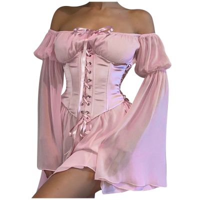 XUNRYAN Renaissance Dress Women with Corset Off Shoulder Flare Sleeve Gothic Mini Prom Dress Ball Gown Halloween Costume