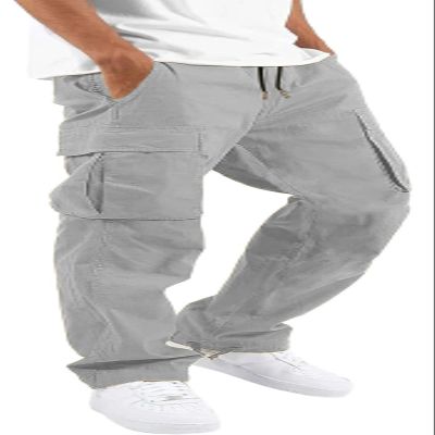 HUNGSON Mens Cargo Pants Drawstring Casual Hiking Pants Joggers Athletic Trousers Cotton Loose Straight Sweatpants for Men Grey