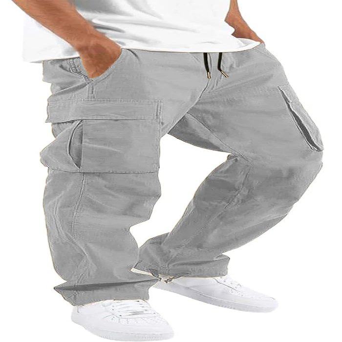 HUNGSON Mens Cargo Pants Drawstring Casual Hiking Pants Joggers Athletic Trousers Cotton Loose Straight Sweatpants for Men Grey