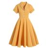 Vintage Dresses for Women's Flat Collar Short Sleeve Fit and Flare Dress 50s 60s Rockabily A-line Swing Midi Tea Party Evening Wedding Bridesmaid Dress with Pocket 1950s Summer Casual Yellow 2XL view 1