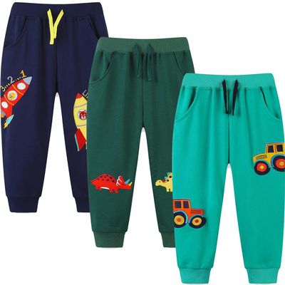 GFQLONG 3 Pack Baby Boy Drawstring Elastic Sweatpants,Toddler Cotton Dinosaur Active Jogger Pants with Pockets,Green&Blue,5-6T