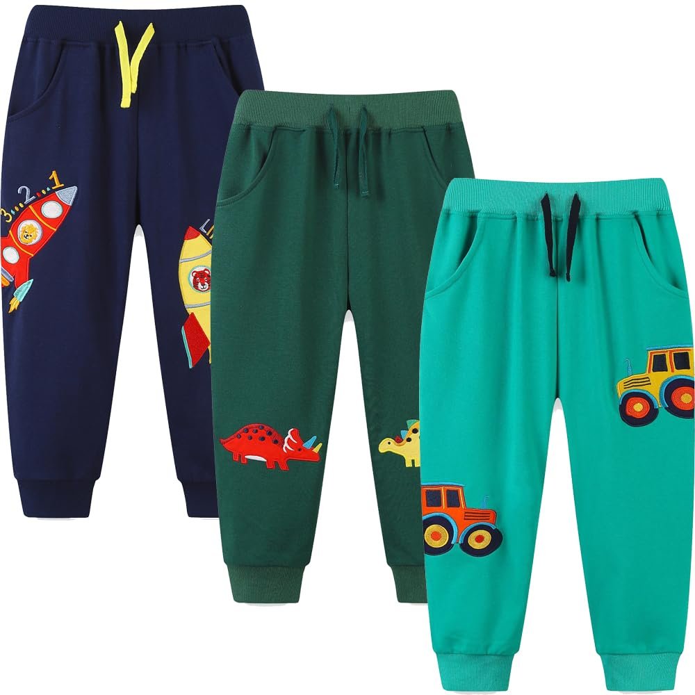 GFQLONG 3 Pack Baby Boy Drawstring Elastic Sweatpants,Toddler Cotton Dinosaur Active Jogger Pants with Pockets,Green&Blue,5-6T