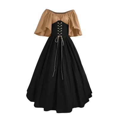 Women's Plus Size Victorian Dress Flare Sleeve Off Shoulder Medieval Dresses with Corset Patchwork Ball Gown