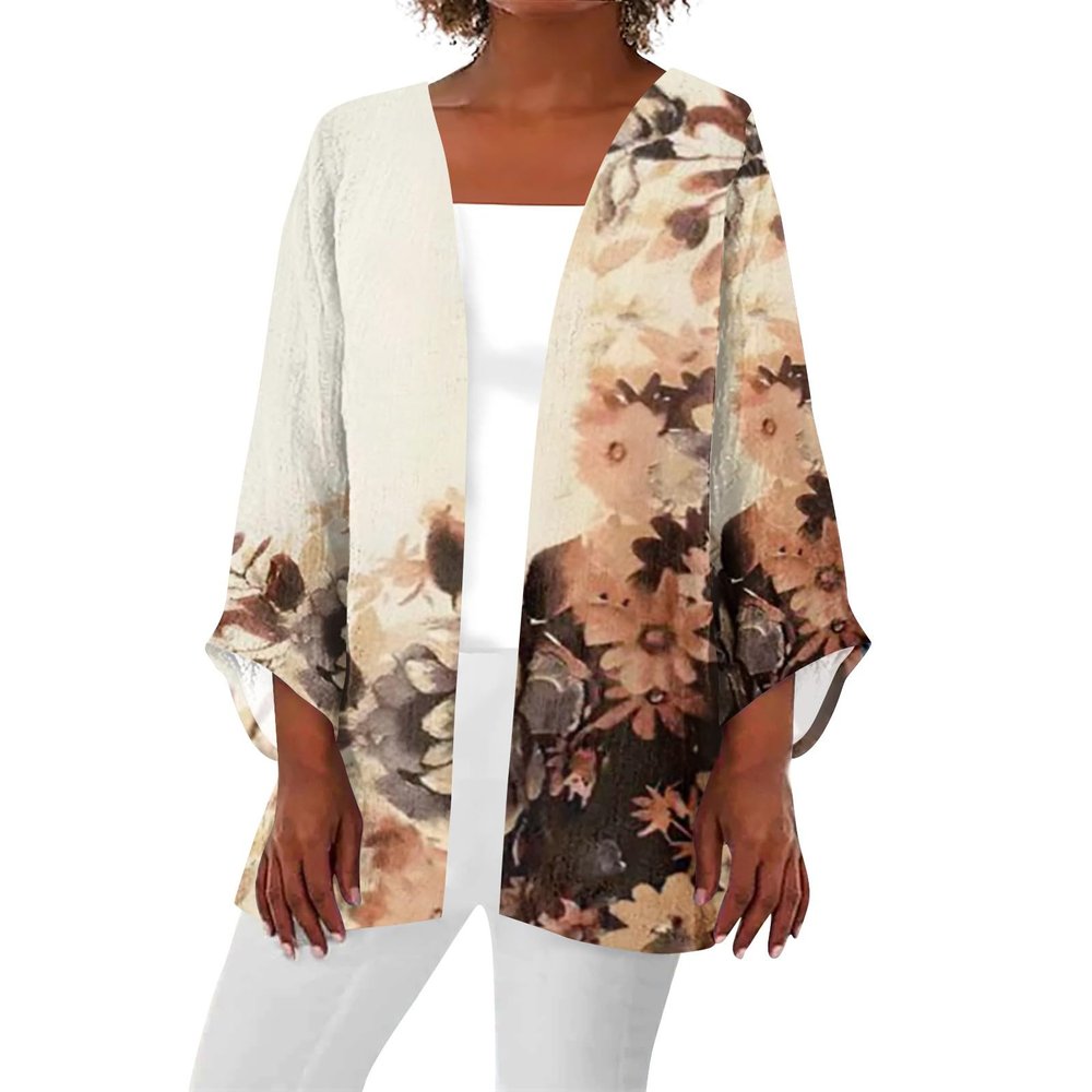 Cardigans for Women 2023 Lightweight Casual Duster Jackets Retro Print Cardigans 3/4 Sleeve Blouse Tops Coat Brown Cover Up Swimsuit Cover Up Shirt1-Light Brown,Medium