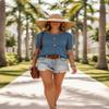 Dokotoo Women's Regular Fit Short Sleeve Sweater Crew Neck Crochet Top for Vacation and Daily Wear Blue Sweaters L view 3