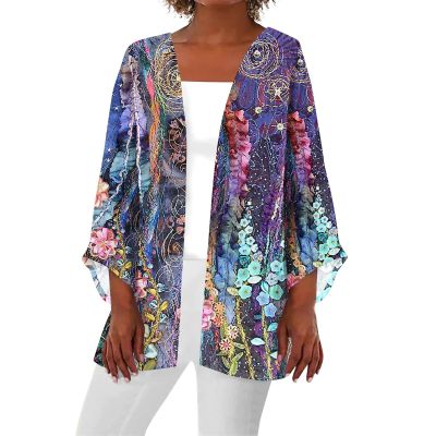 Long Sleeve Kimono for Women 3/4 Sleeve Lightweight Jackets Casual Duster Cardigans Retro Print Blouse Tops Coat Summer Clothe Womens Spring Jacket2-Purple,Large