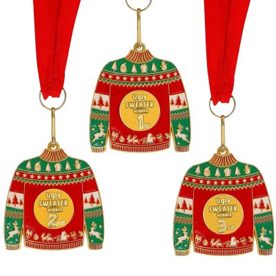 3PCS Ugly Christmas Sweater Medal Award with Neck Ribbon,1st 2nd 3rd Place Medals Prizes for Winner in Ugly Sweater Contest Party,Best Parties Holidays Christmas Tree Ornament