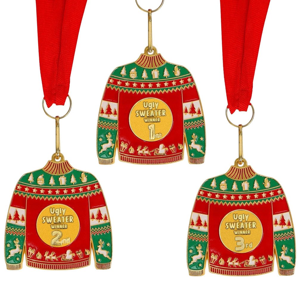 3PCS Ugly Christmas Sweater Medal Award with Neck Ribbon,1st 2nd 3rd Place Medals Prizes for Winner in Ugly Sweater Contest Party,Best Parties Holidays Christmas Tree Ornament