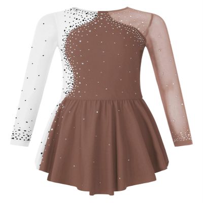 TSSOE Kids Girls Long Sleeves Glitter Rhinestone Figure Skating Dress Dance Performance Costume Brown 8 Years