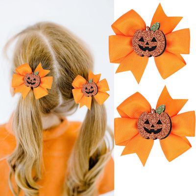 2PCS Pumpkin Hair Bows Clips for Boys Girls Halloween Orange Hair Accessories Headdress Glitter Pumpkin Bows Clips Hairgrips Hair Barrette for Halloween Cosplay Costume Party Decorations