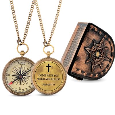 Brass Compass in Wooden & Leather Case - 2025 Graduation Gift for Him, College, High School, Birthday Gift for Son, Boys, Daughter, Inspirational, Baptism (#3 God is with You)