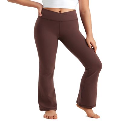 CRZ YOGA Girls Butterluxe Crossover Waist Yoga Flare Leggings - Dance Casual Athletic Pants Bell Bottoms Kids Teen Taupe X-Large