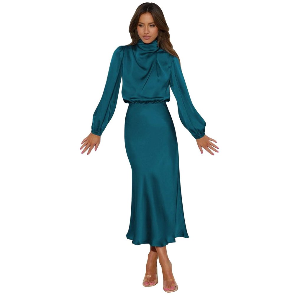 Women's Mock Neck Satin Dress Elegant Long Sleeve Elastic High Waist Formal Wedding Cocktail Party Midi (Dark Blue, S)